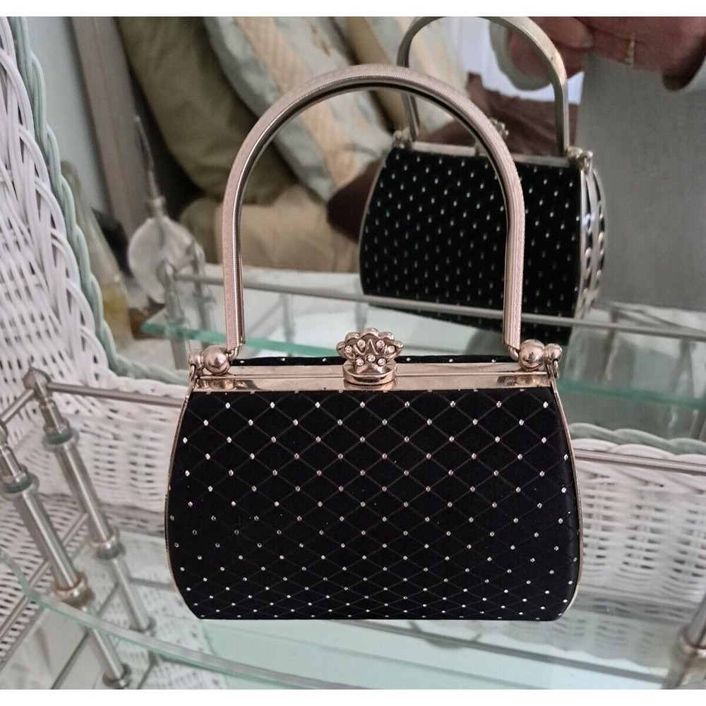 Elegant Black Satin Evening Bag with Silver Fleck and Silver Accents.